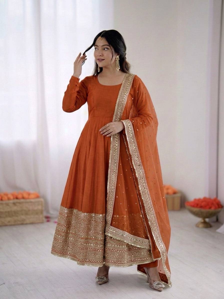 Women's Roman Silk Embroidered Anarkali Gown Set with Fox Georgette Dupatta