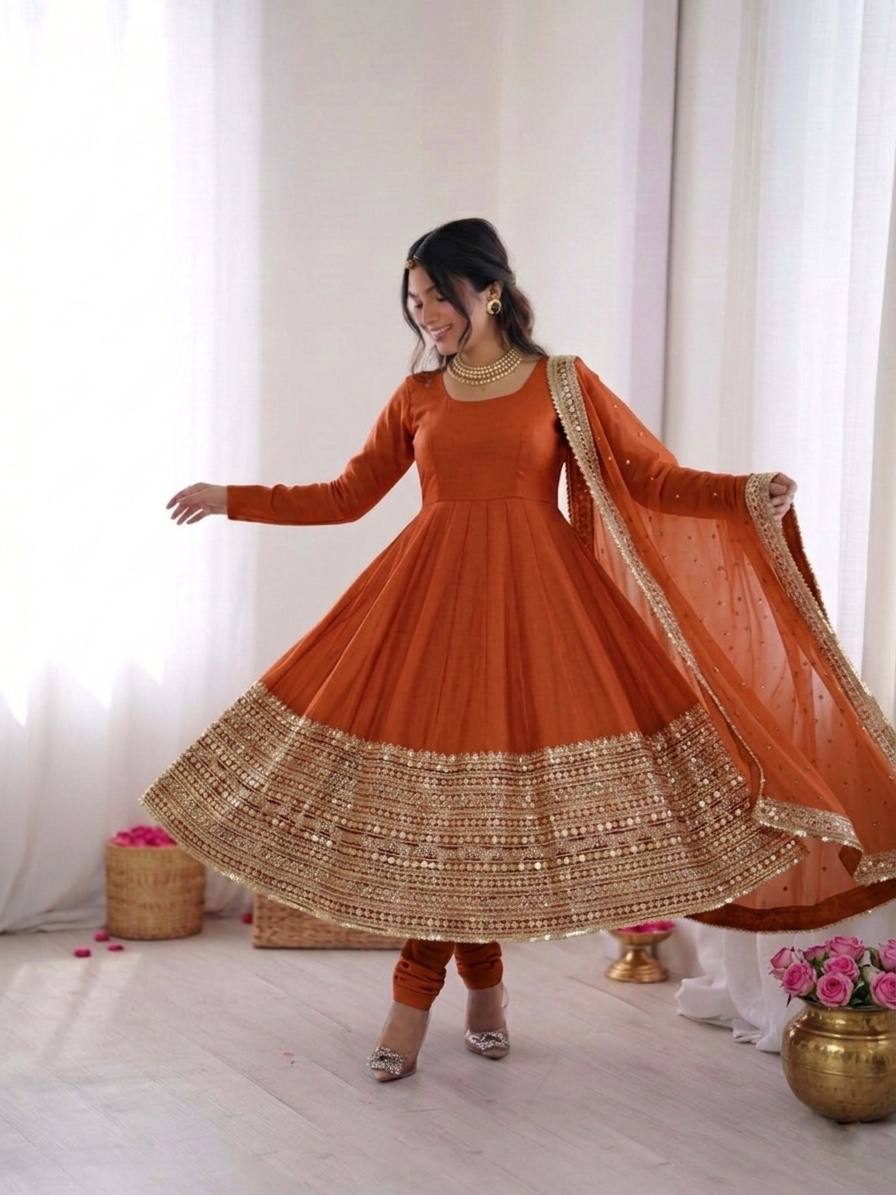 Women's Roman Silk Embroidered Anarkali Gown Set with Fox Georgette Dupatta