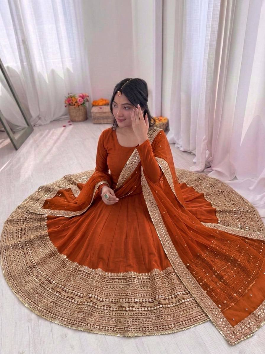 Women's Roman Silk Embroidered Anarkali Gown Set with Fox Georgette Dupatta