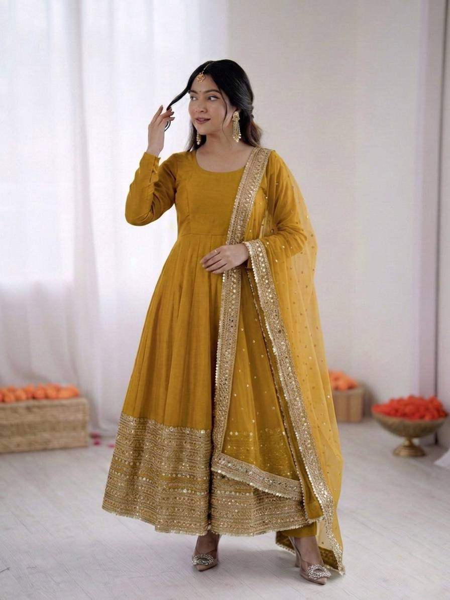 Women's Roman Silk Embroidered Anarkali Gown Set with Fox Georgette Dupatta