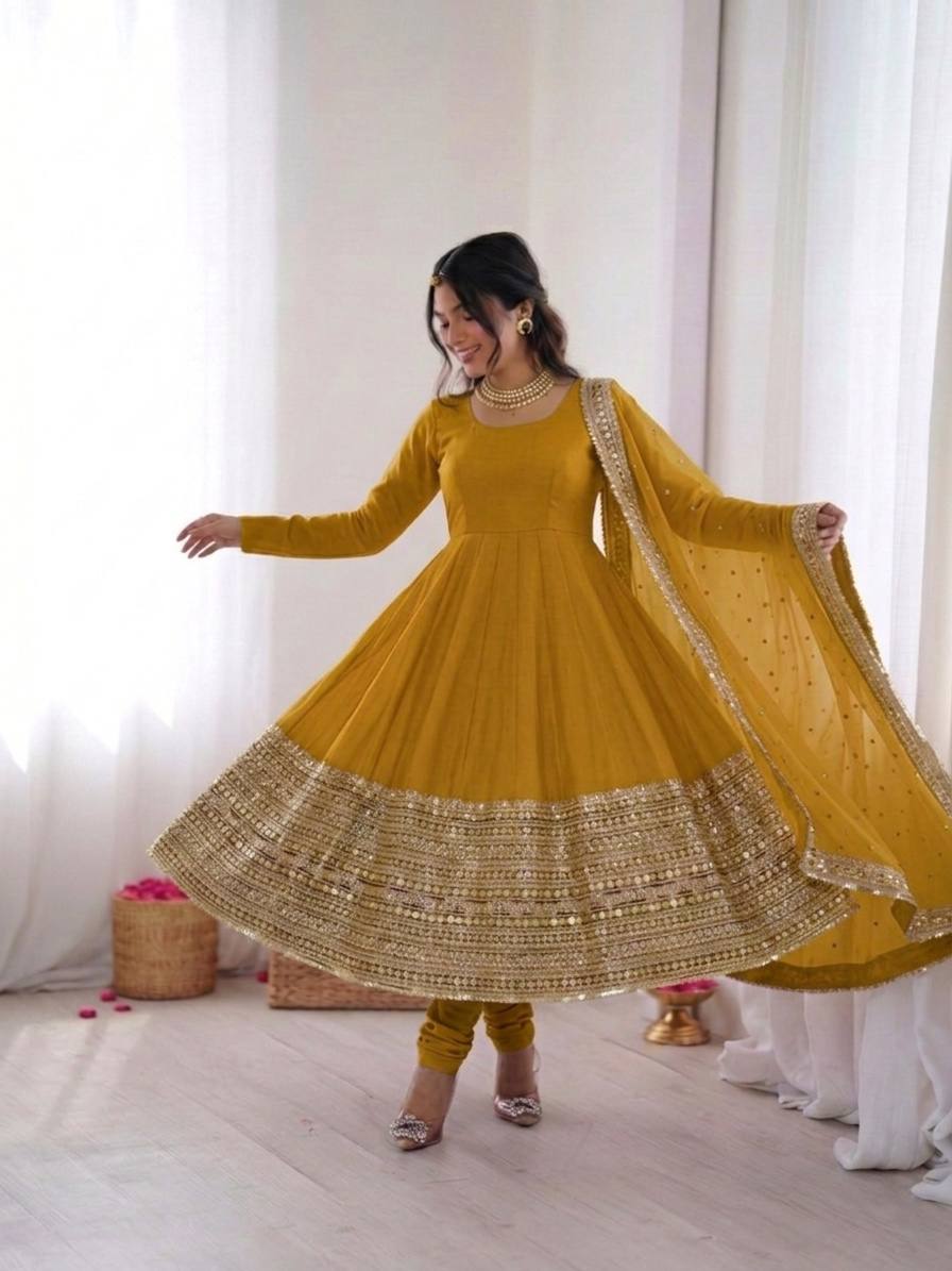 Women's Roman Silk Embroidered Anarkali Gown Set with Fox Georgette Dupatta