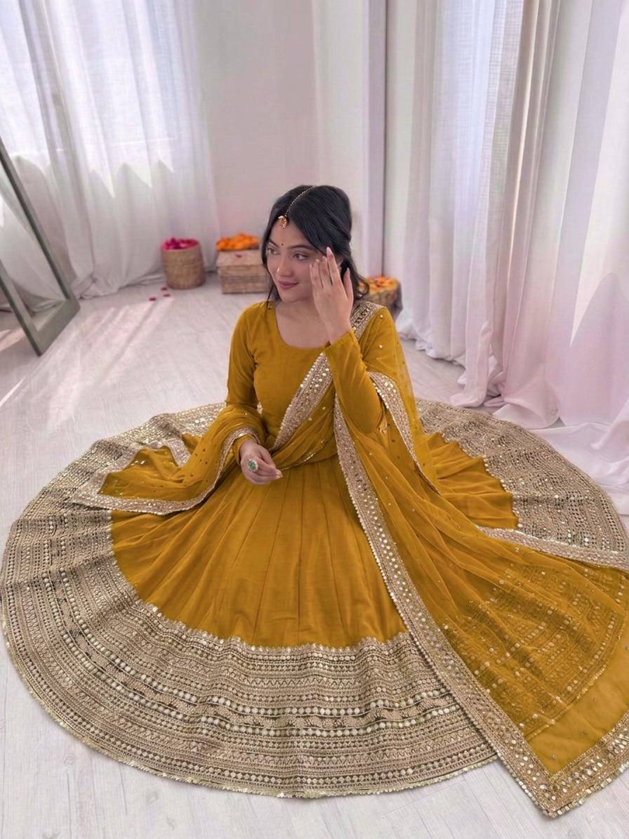 Women's Roman Silk Embroidered Anarkali Gown Set with Fox Georgette Dupatta