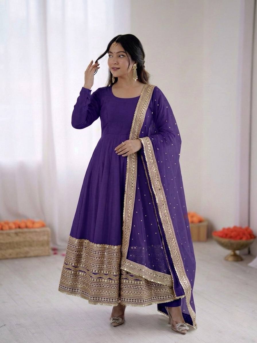 Women's Roman Silk Embroidered Anarkali Gown Set with Fox Georgette Dupatta