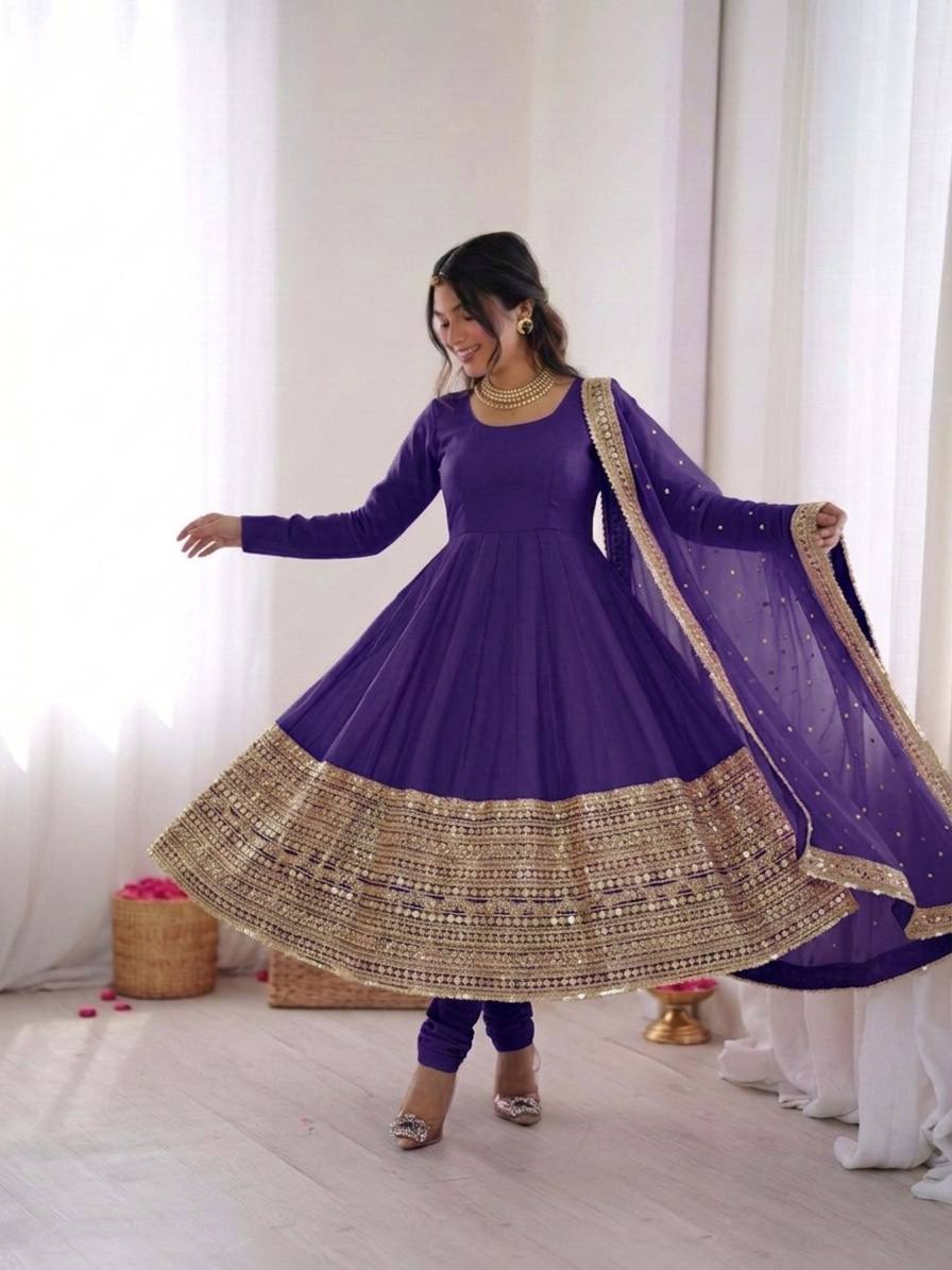 Women's Roman Silk Embroidered Anarkali Gown Set with Fox Georgette Dupatta