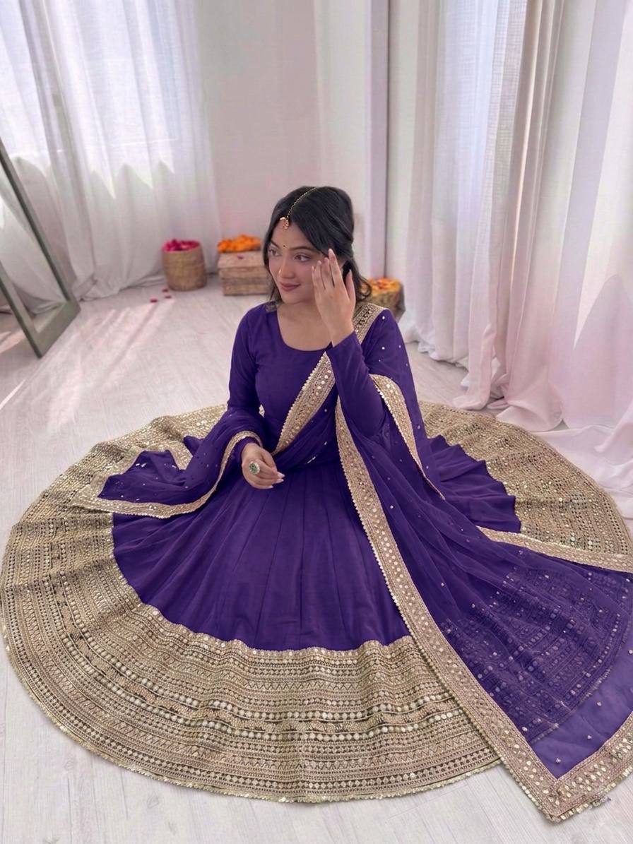Women's Roman Silk Embroidered Anarkali Gown Set with Fox Georgette Dupatta