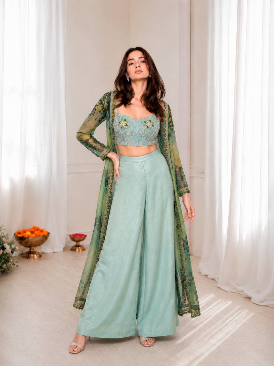 Women's Embroidered Georgette Blouse with Palazzo and Digital Print Shrug Set