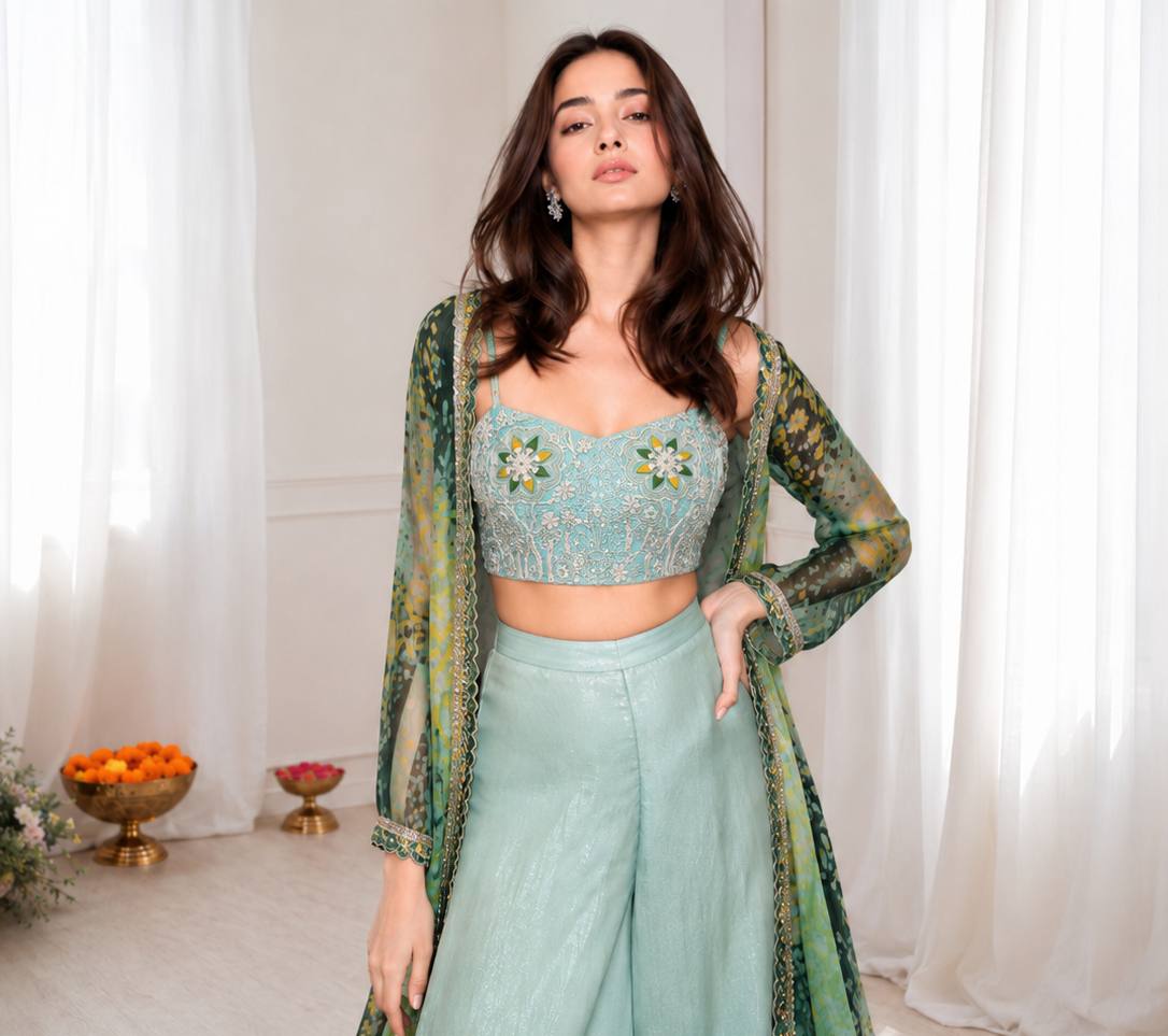 Women's Embroidered Georgette Blouse with Palazzo and Digital Print Shrug Set