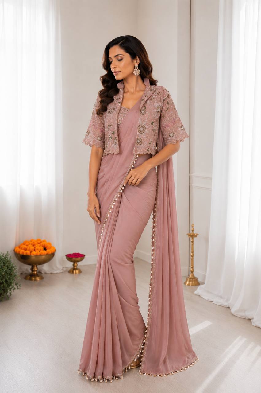 Women's Heavy Crepe Silk Ready-to-Wear Saree with Embroidered Koti Jacket and Blouse