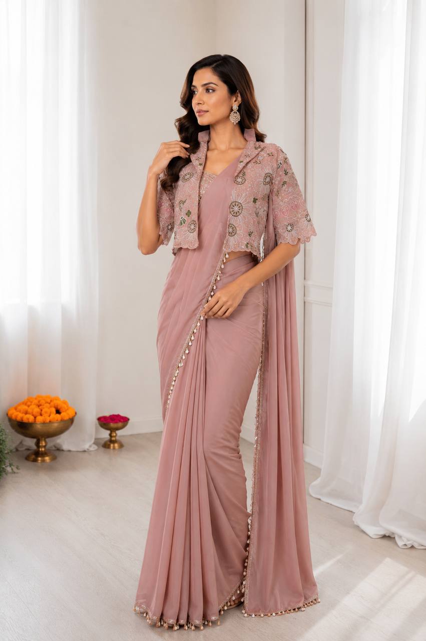 Women's Heavy Crepe Silk Ready-to-Wear Saree with Embroidered Koti Jacket and Blouse