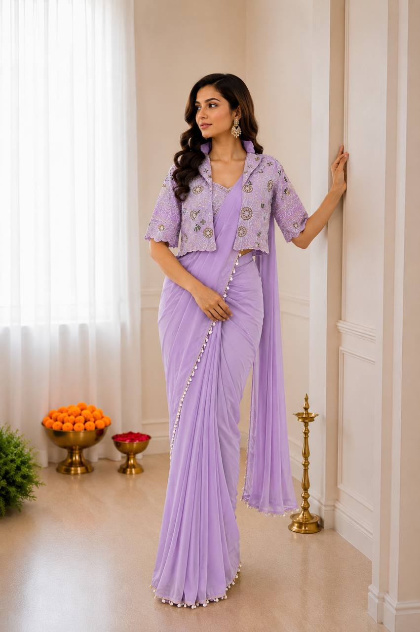 Women's Heavy Crepe Silk Ready-to-Wear Saree with Embroidered Koti Jacket and Blouse