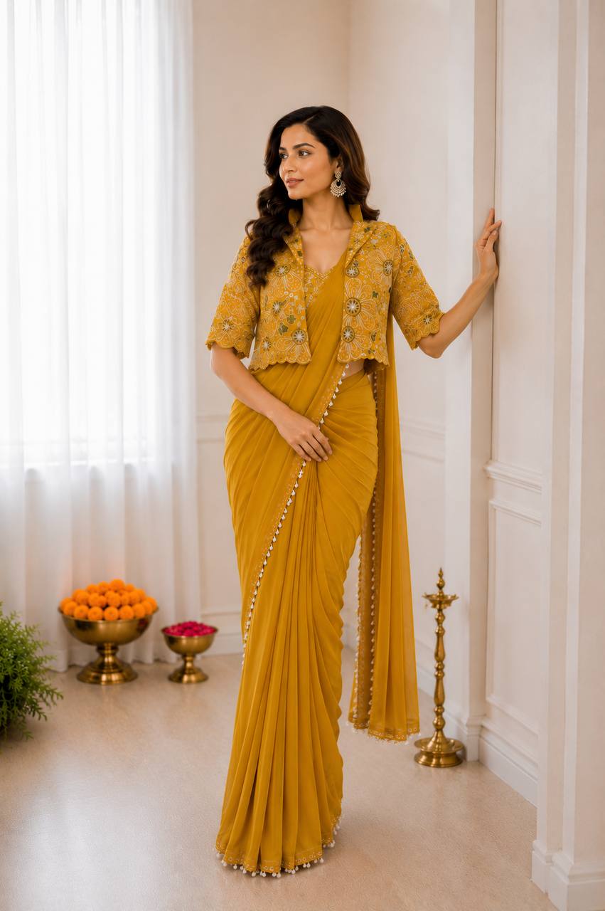 Women's Heavy Crepe Silk Ready-to-Wear Saree with Embroidered Koti Jacket and Blouse