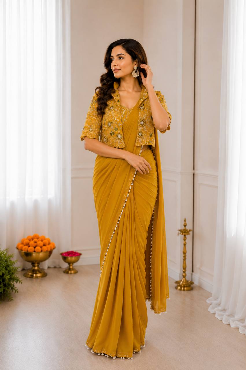 Women's Heavy Crepe Silk Ready-to-Wear Saree with Embroidered Koti Jacket and Blouse