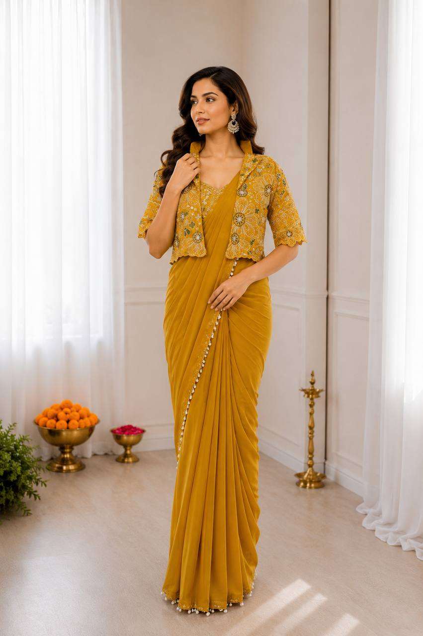 Women's Heavy Crepe Silk Ready-to-Wear Saree with Embroidered Koti Jacket and Blouse