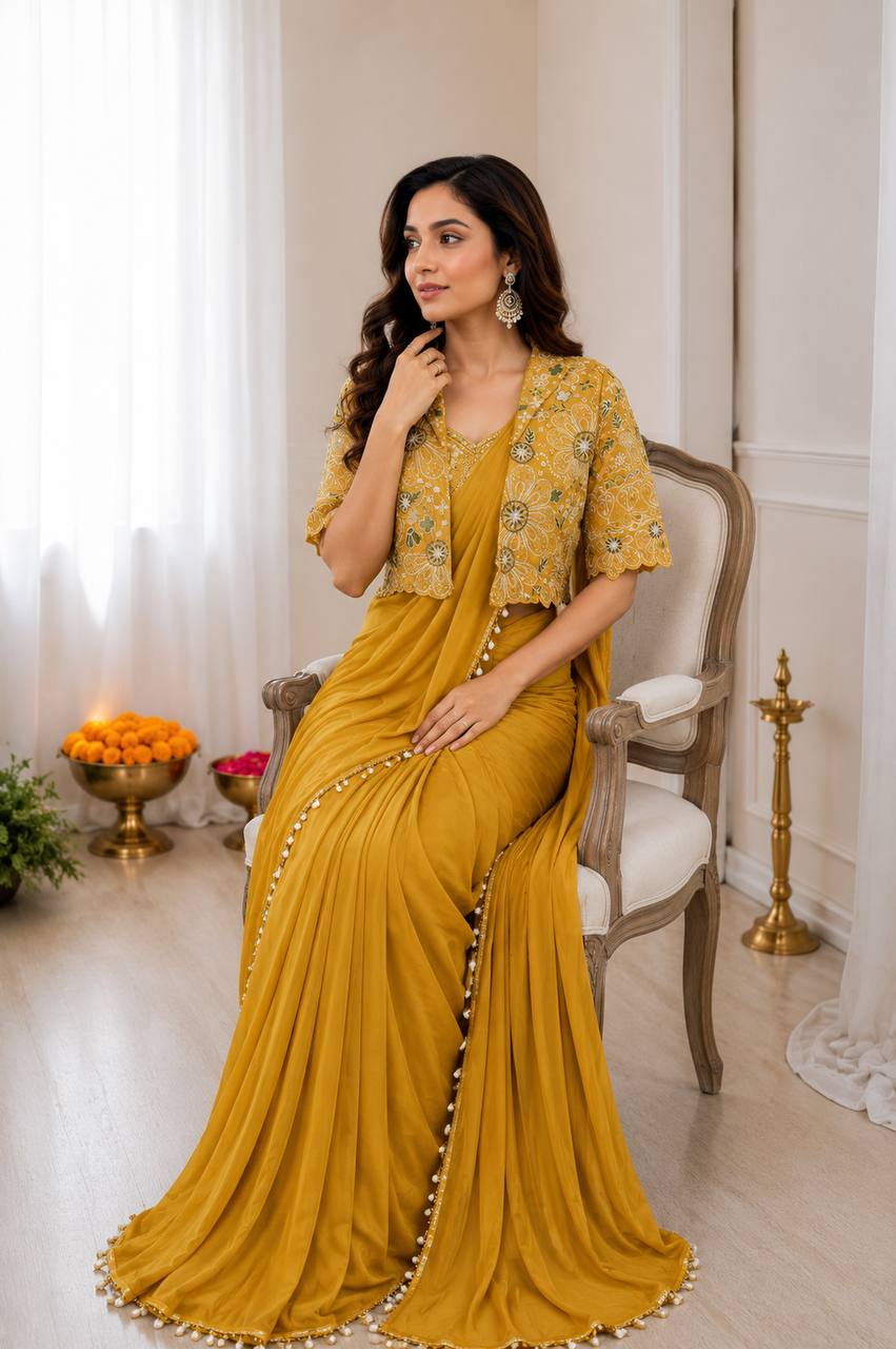 Women's Heavy Crepe Silk Ready-to-Wear Saree with Embroidered Koti Jacket and Blouse