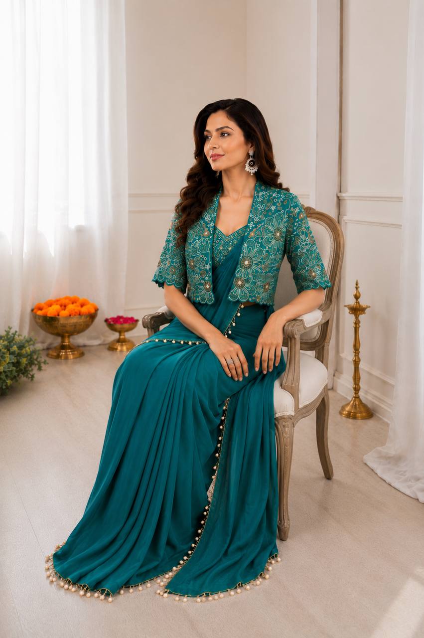 Women's Heavy Crepe Silk Ready-to-Wear Saree with Embroidered Koti Jacket and Blouse