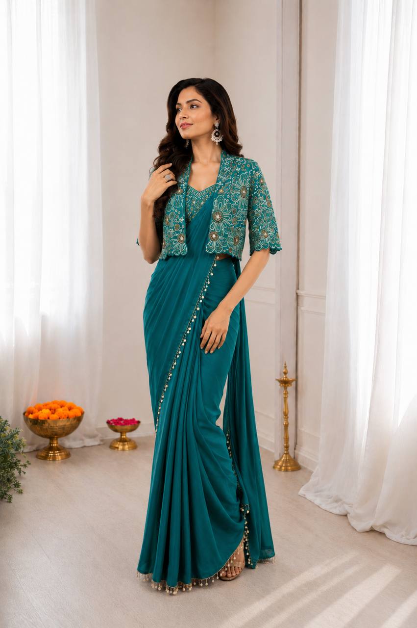 Women's Heavy Crepe Silk Ready-to-Wear Saree with Embroidered Koti Jacket and Blouse