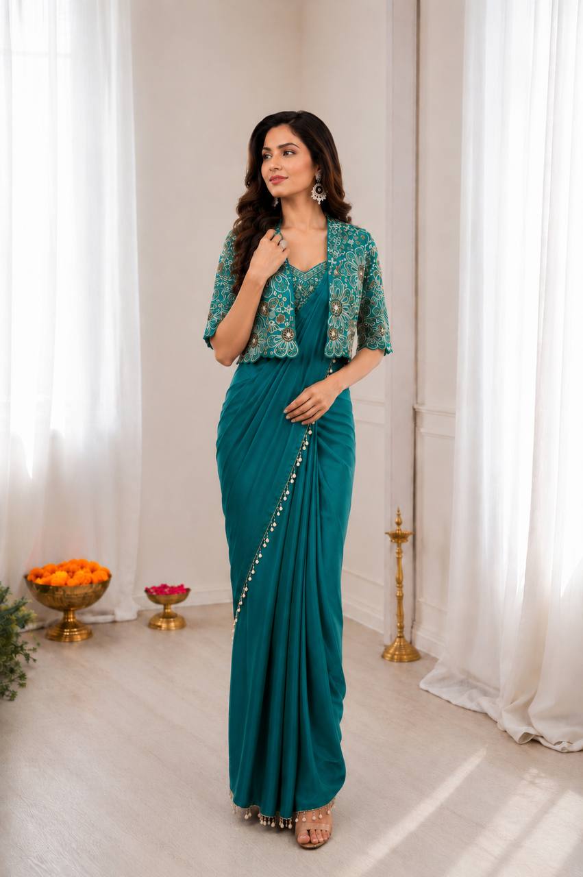 Women's Heavy Crepe Silk Ready-to-Wear Saree with Embroidered Koti Jacket and Blouse