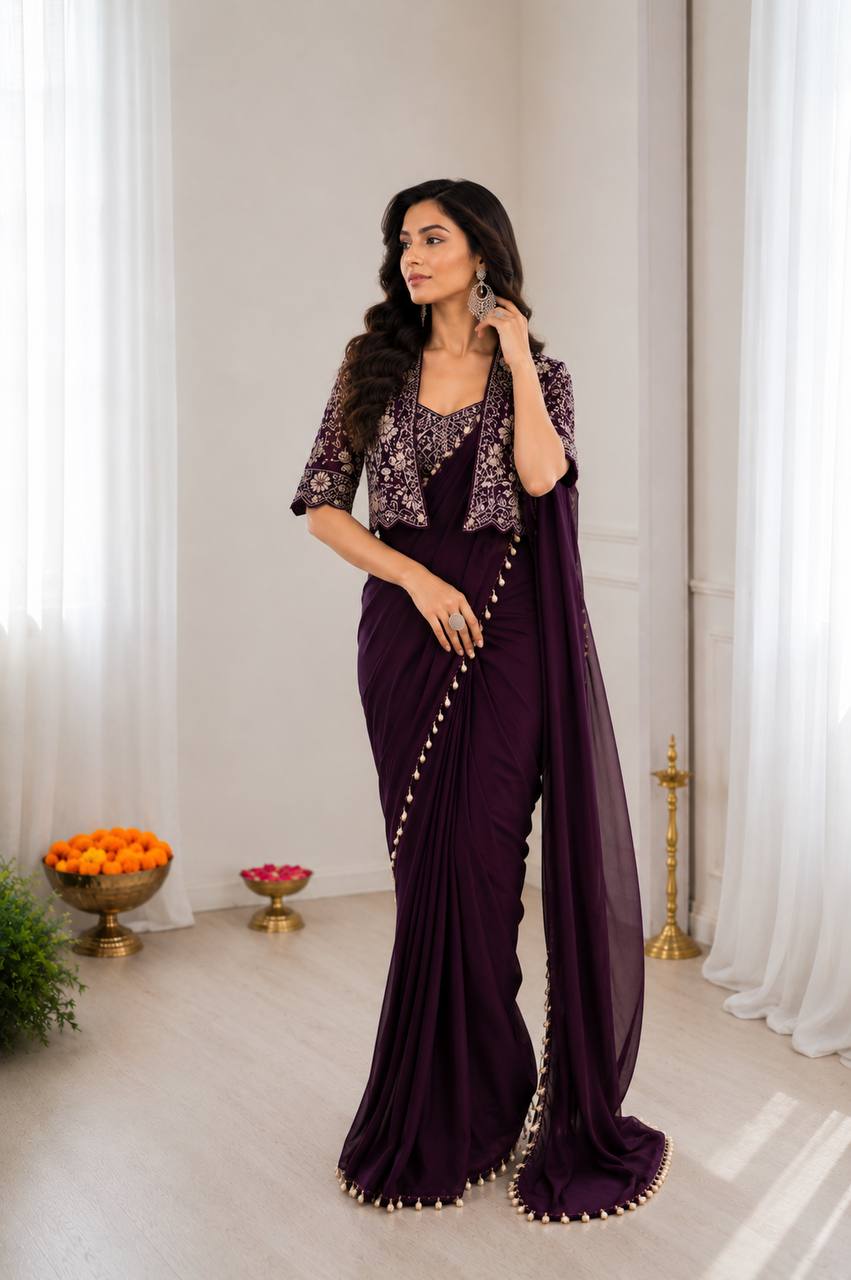 Women's Crepe Silk Ready-to-Wear Saree with Embroidered Jacket and Blouse