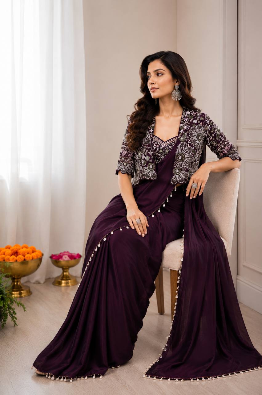 Women's Crepe Silk Ready-to-Wear Saree with Embroidered Jacket and Blouse