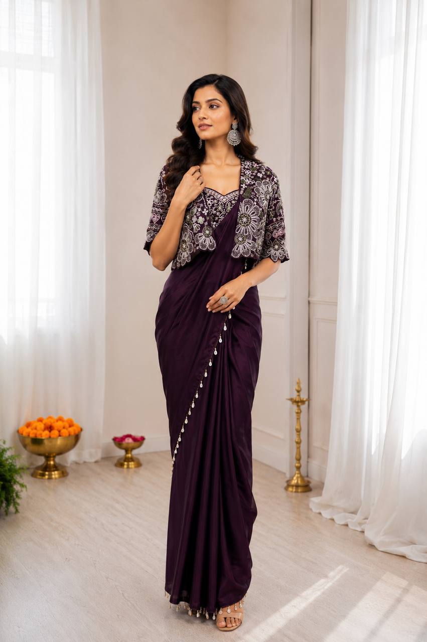 Women's Crepe Silk Ready-to-Wear Saree with Embroidered Jacket and Blouse