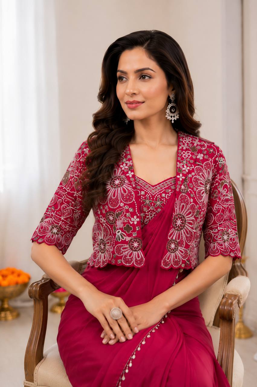 Women's Heavy Crepe Silk Ready-to-Wear Saree with Embroidered Koti Jacket and Blouse