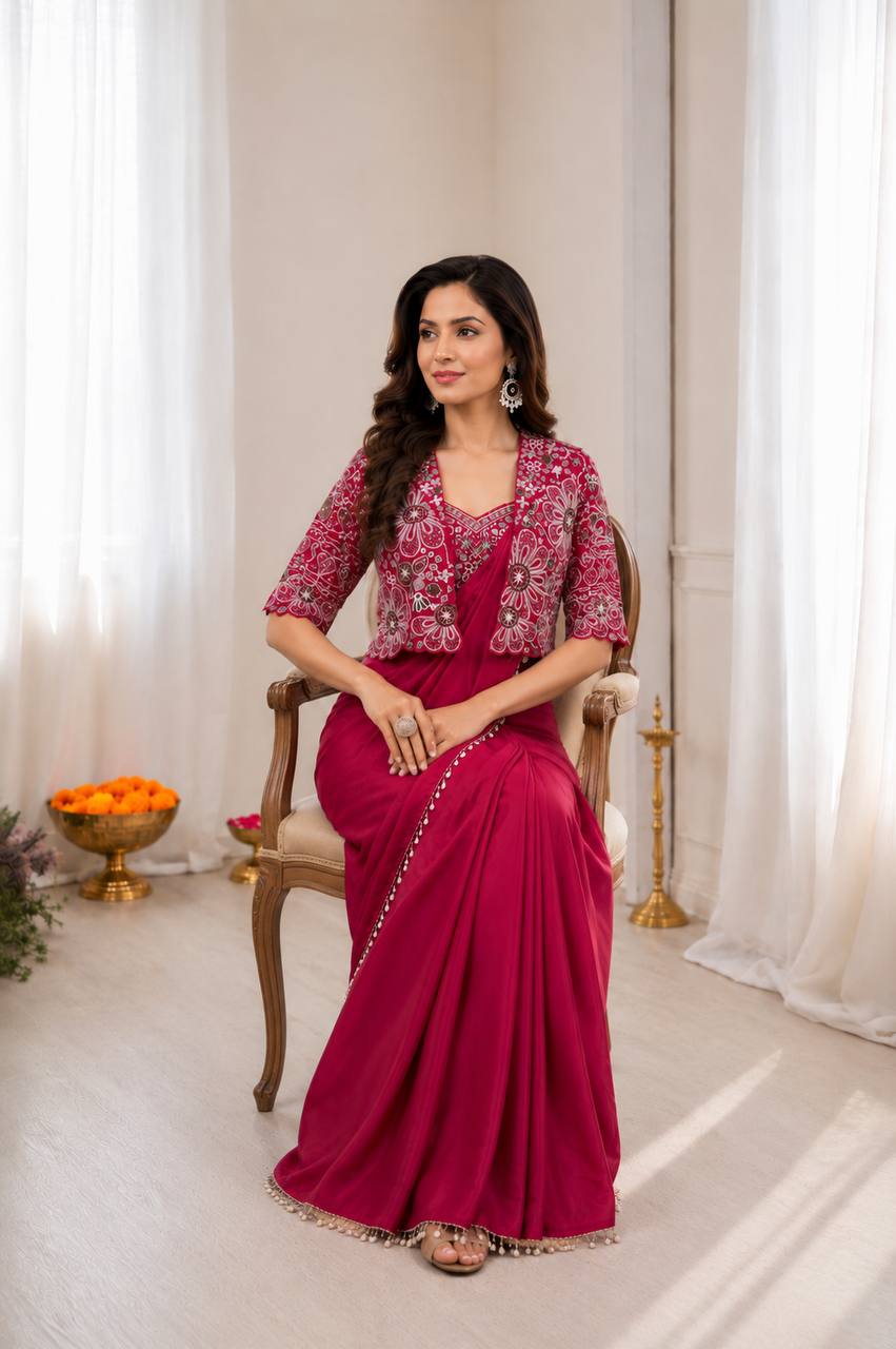 Women's Heavy Crepe Silk Ready-to-Wear Saree with Embroidered Koti Jacket and Blouse