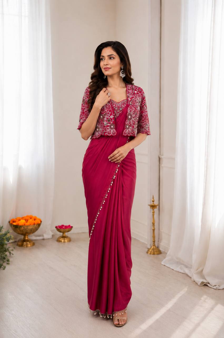 Women's Heavy Crepe Silk Ready-to-Wear Saree with Embroidered Koti Jacket and Blouse