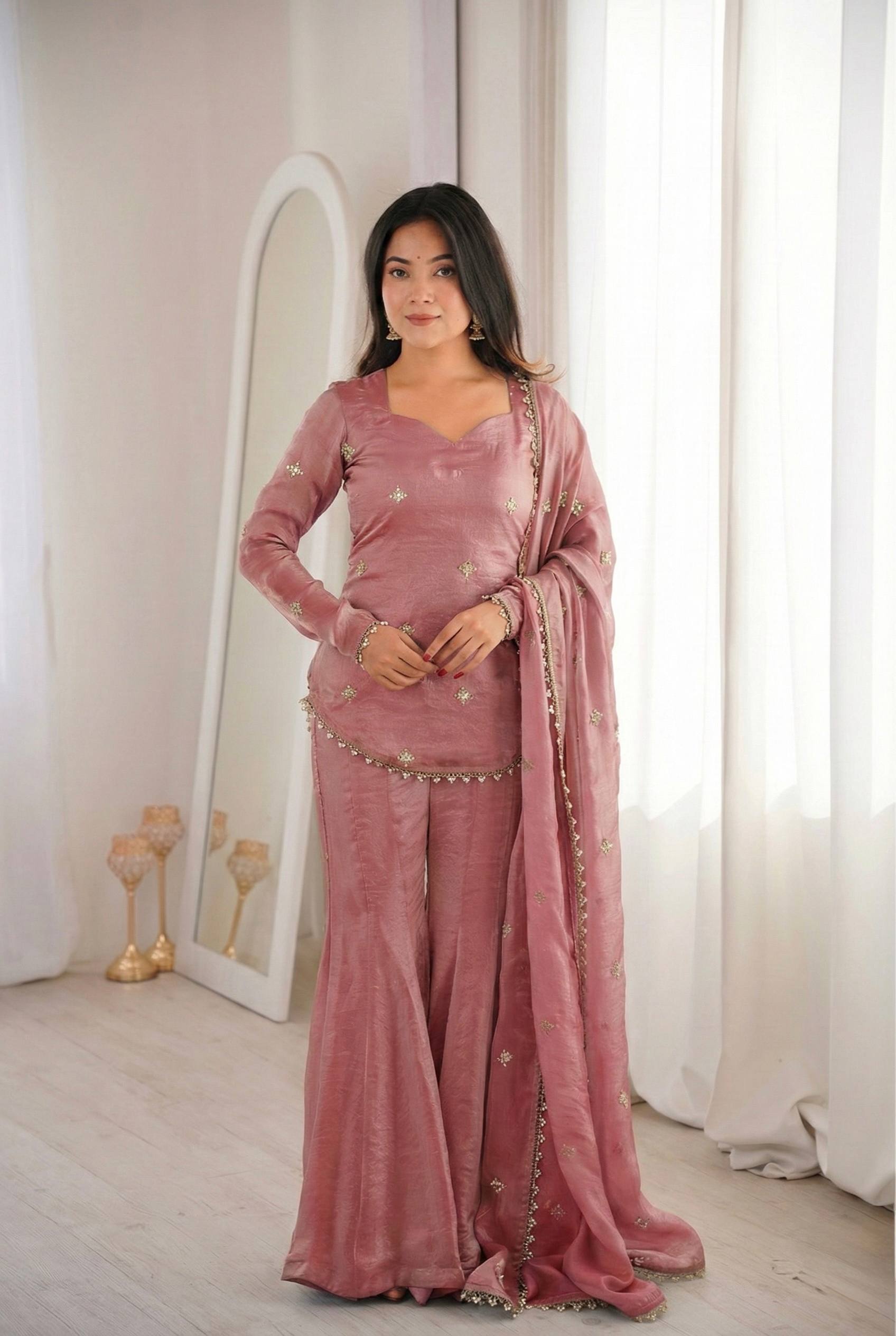 Women's Fendy Silk Embroidered Sharara Palazzo Suit Set with Dupatta
