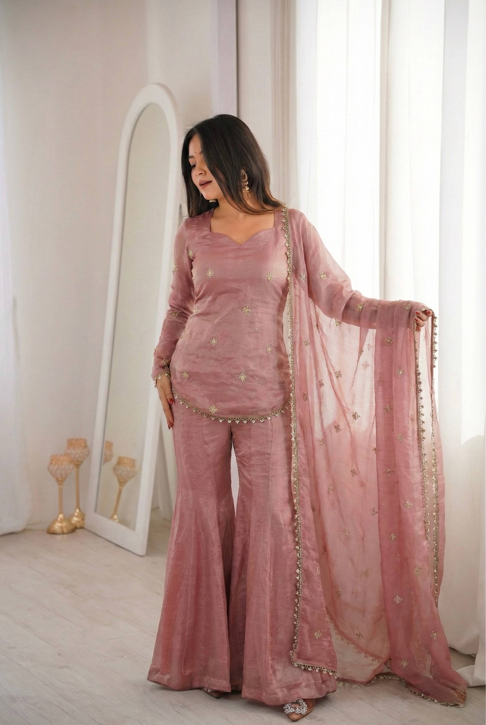 Women's Fendy Silk Embroidered Sharara Palazzo Suit Set with Dupatta