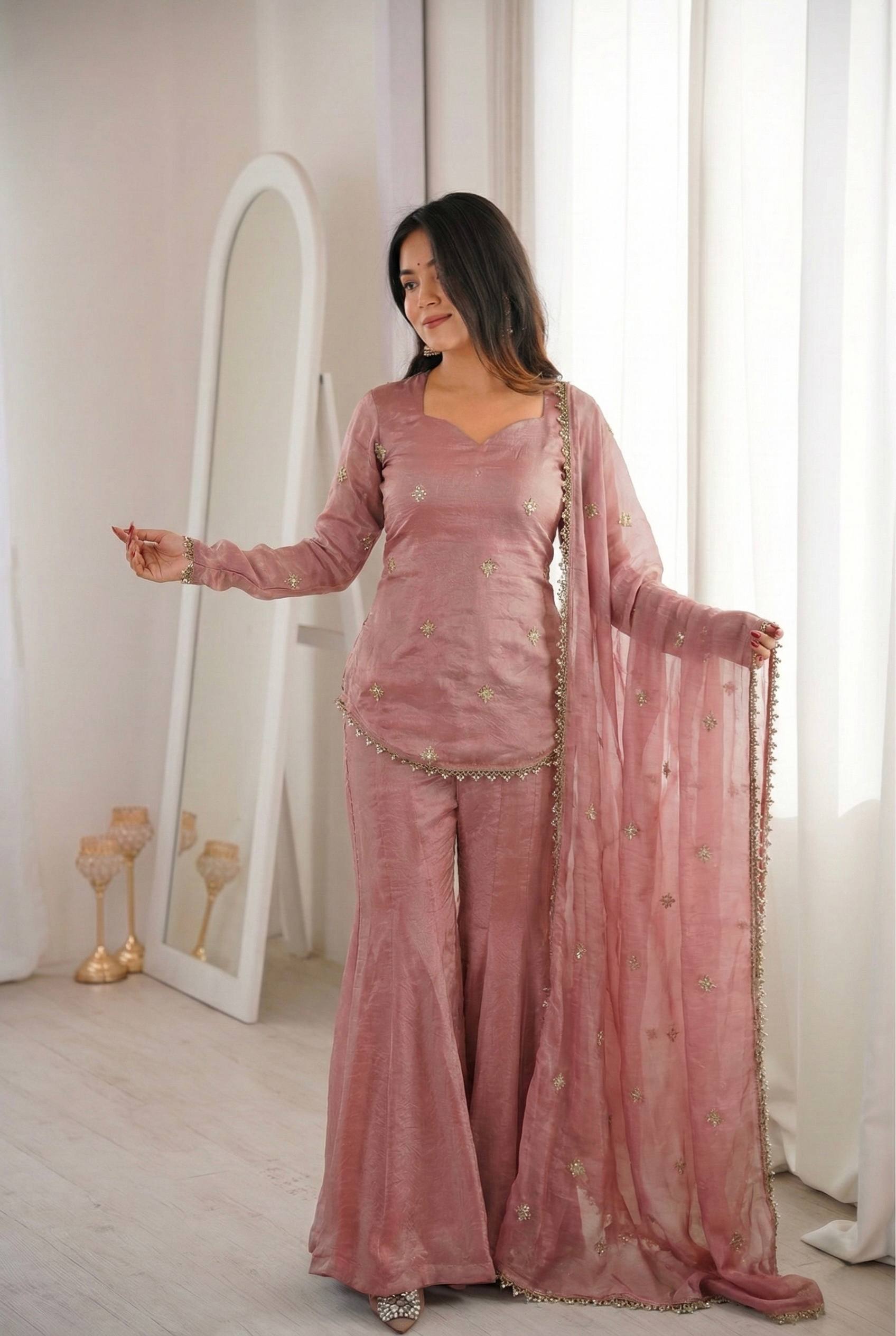 Women's Fendy Silk Embroidered Sharara Palazzo Suit Set with Dupatta
