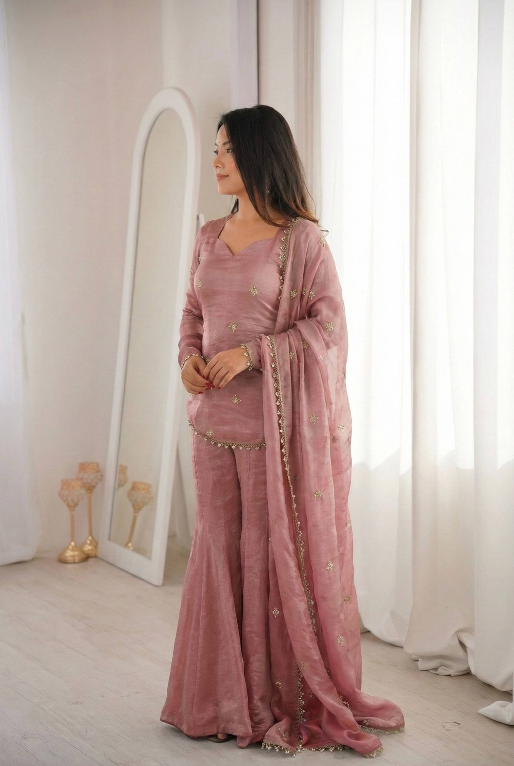 Women's Fendy Silk Embroidered Sharara Palazzo Suit Set with Dupatta