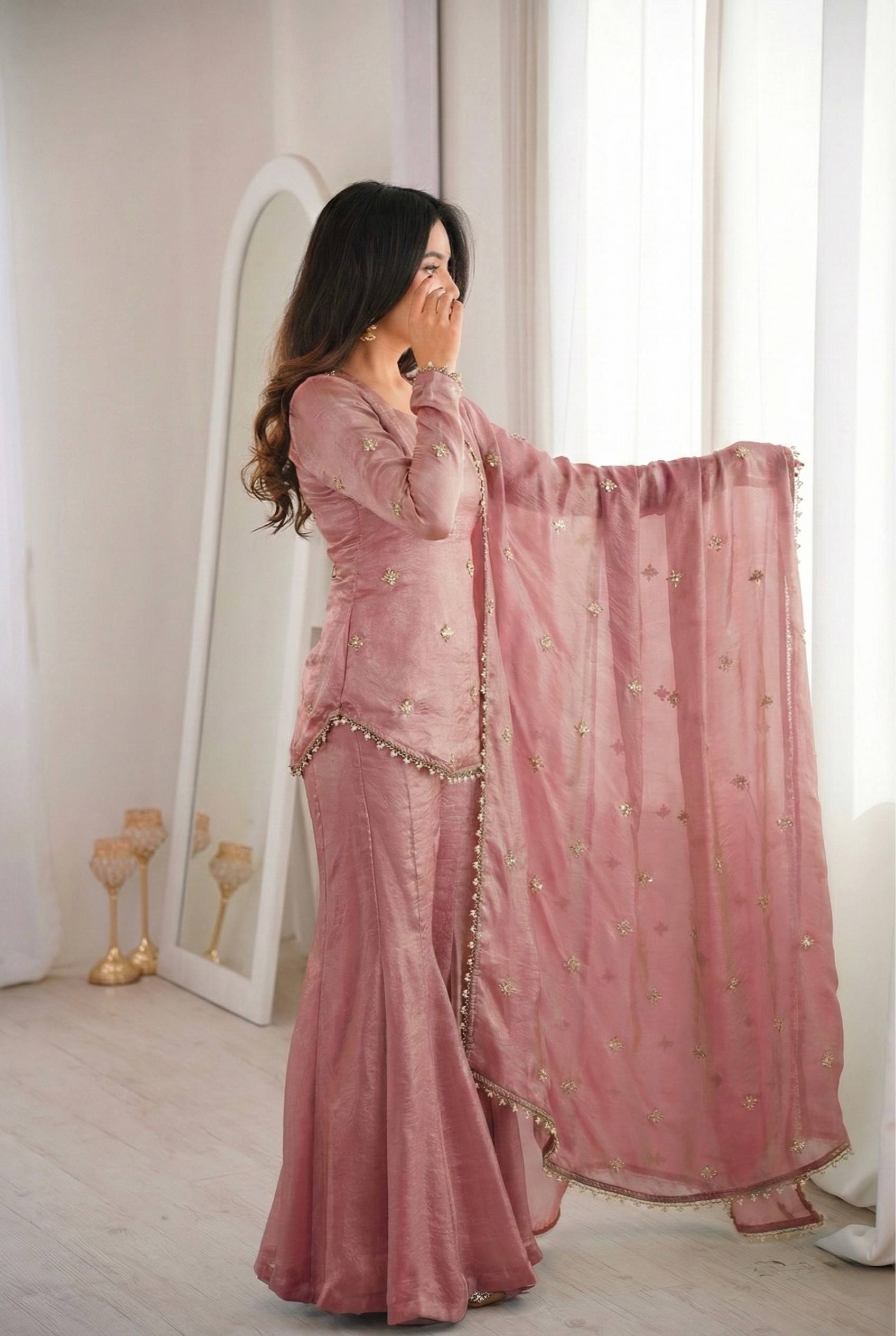 Women's Fendy Silk Embroidered Sharara Palazzo Suit Set with Dupatta