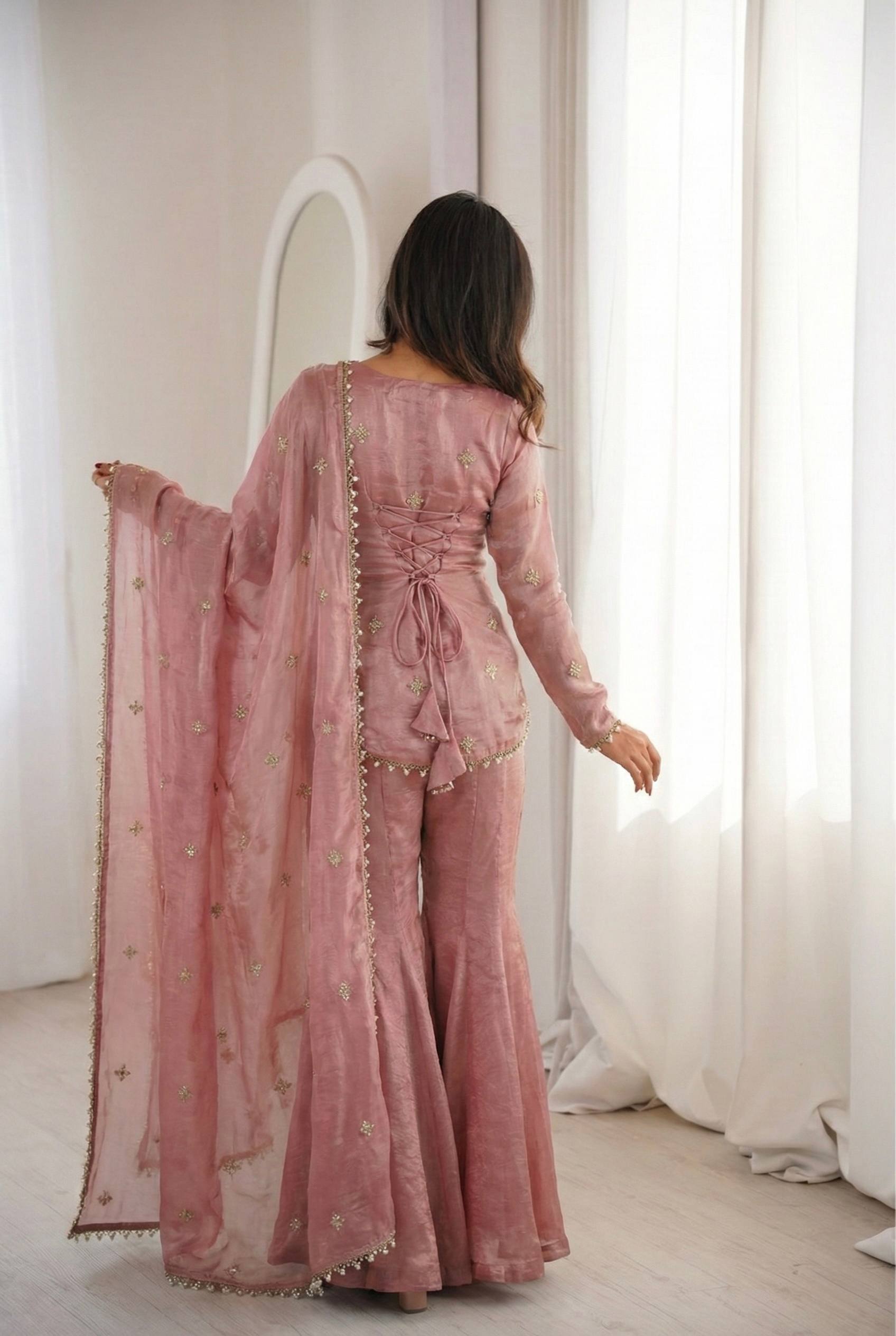 Women's Fendy Silk Embroidered Sharara Palazzo Suit Set with Dupatta