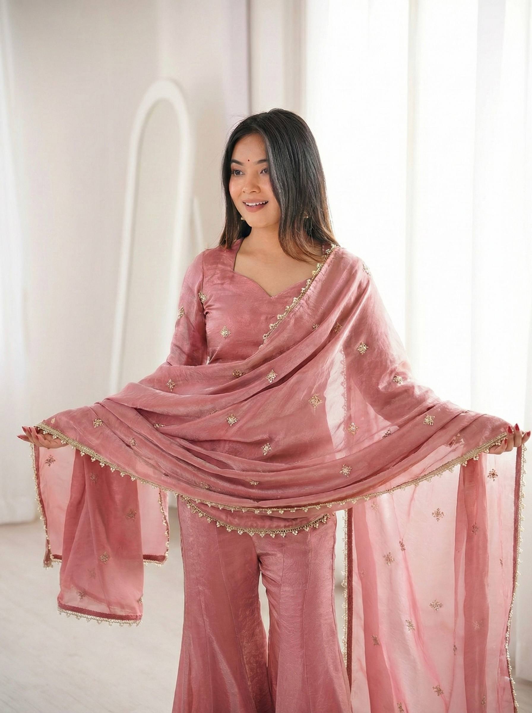 Women's Fendy Silk Embroidered Sharara Palazzo Suit Set with Dupatta