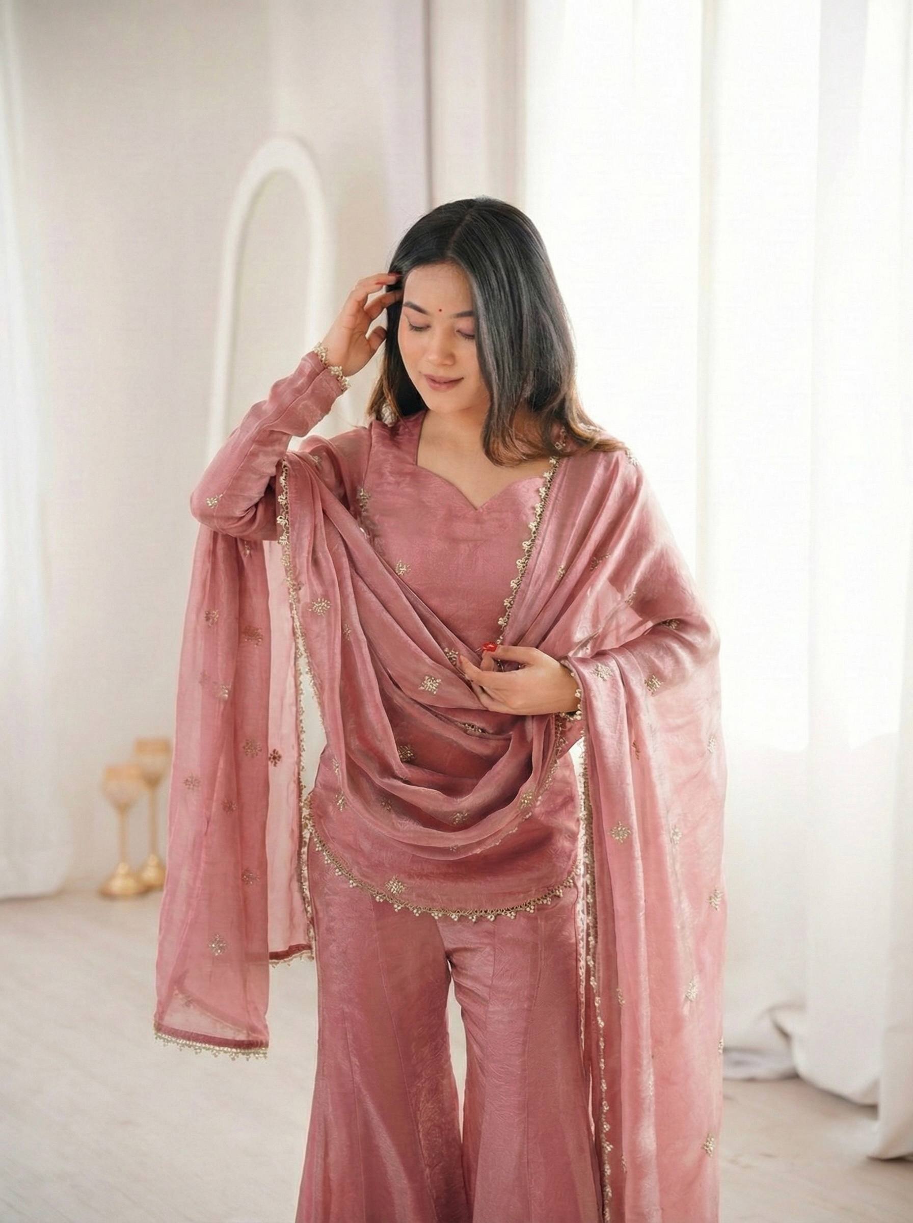 Women's Fendy Silk Embroidered Sharara Palazzo Suit Set with Dupatta
