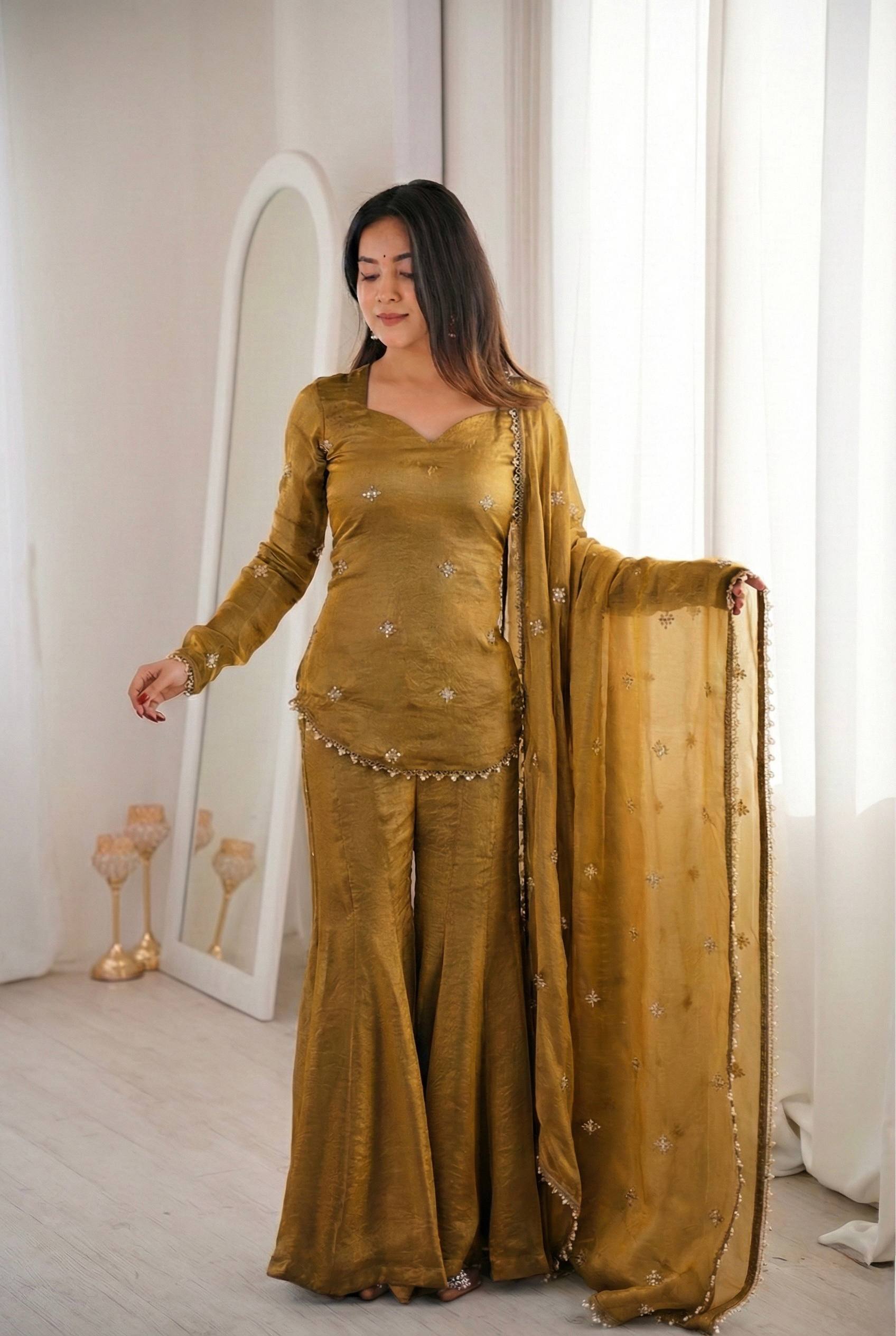 Women's Fendy Silk Embroidered Sharara Palazzo Suit Set with Dupatta  Product Description: