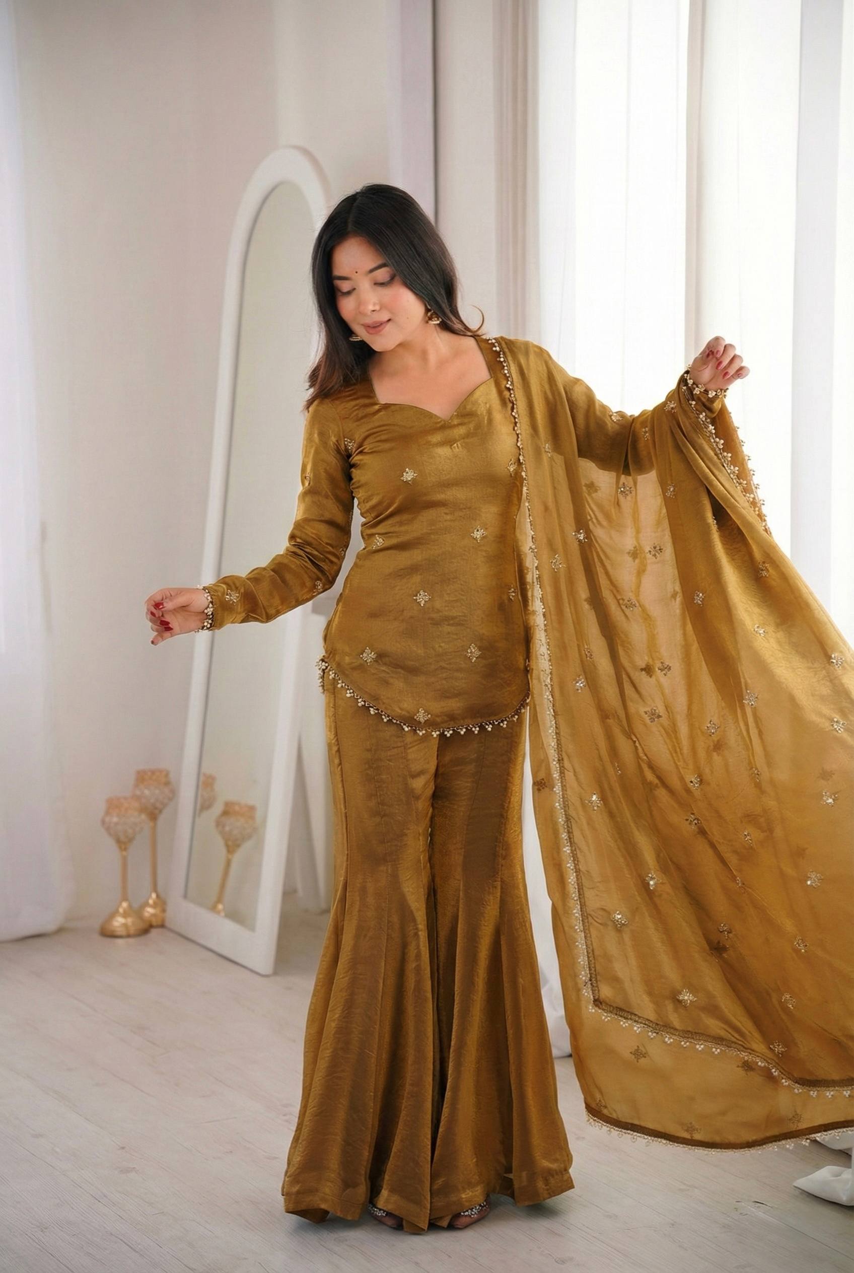 Women's Fendy Silk Embroidered Sharara Palazzo Suit Set with Dupatta  Product Description: