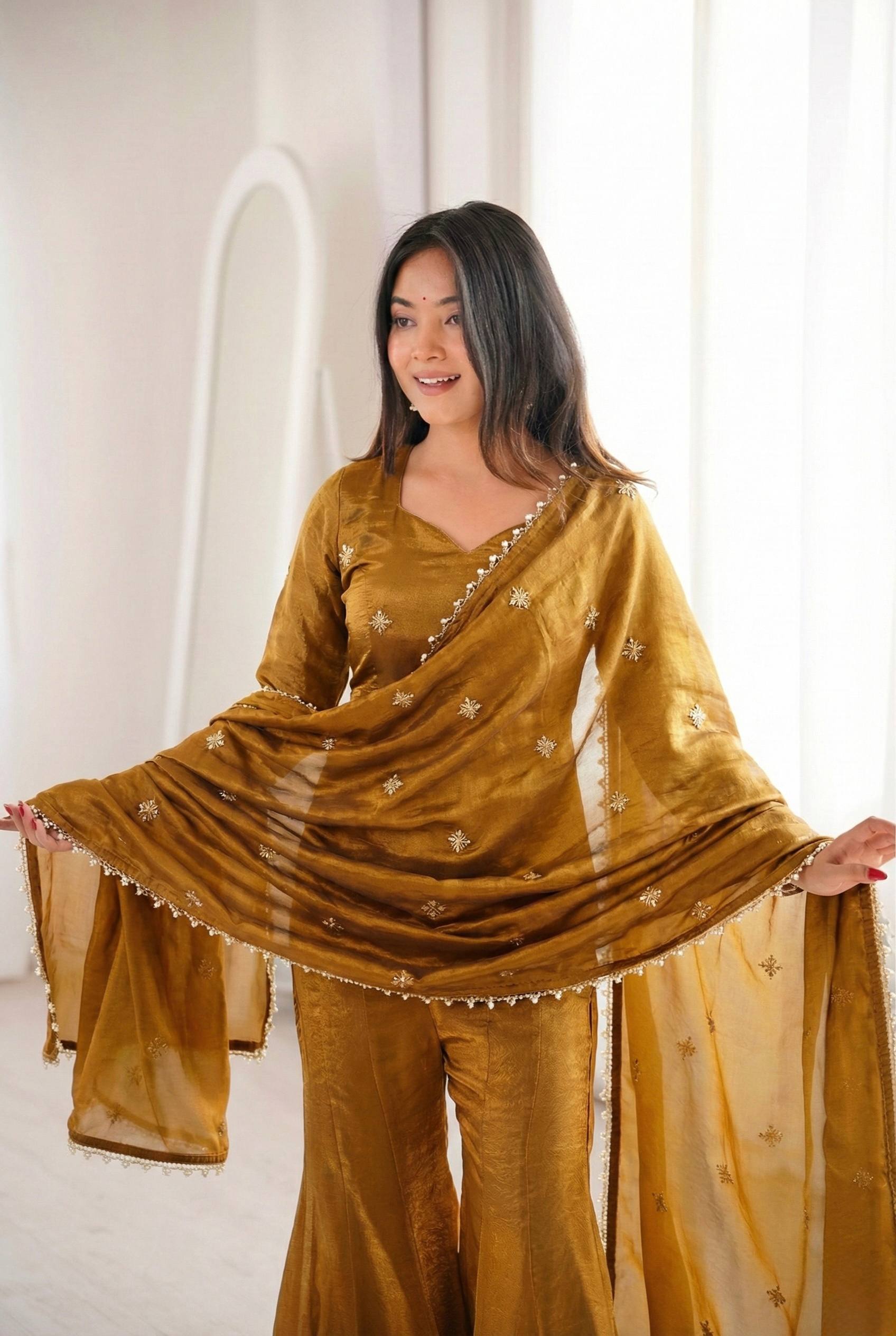 Women's Fendy Silk Embroidered Sharara Palazzo Suit Set with Dupatta  Product Description: