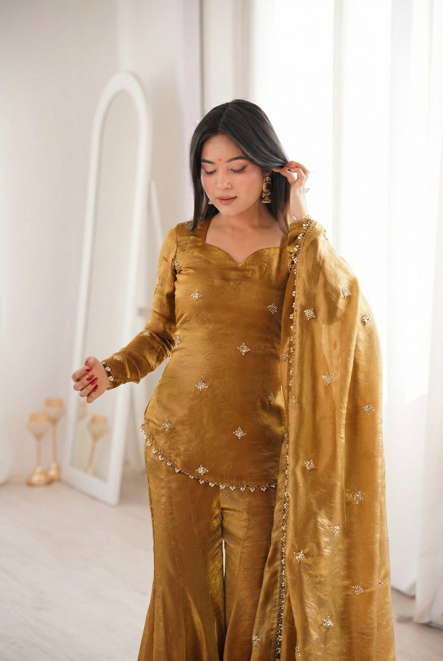 Women's Fendy Silk Embroidered Sharara Palazzo Suit Set with Dupatta  Product Description: