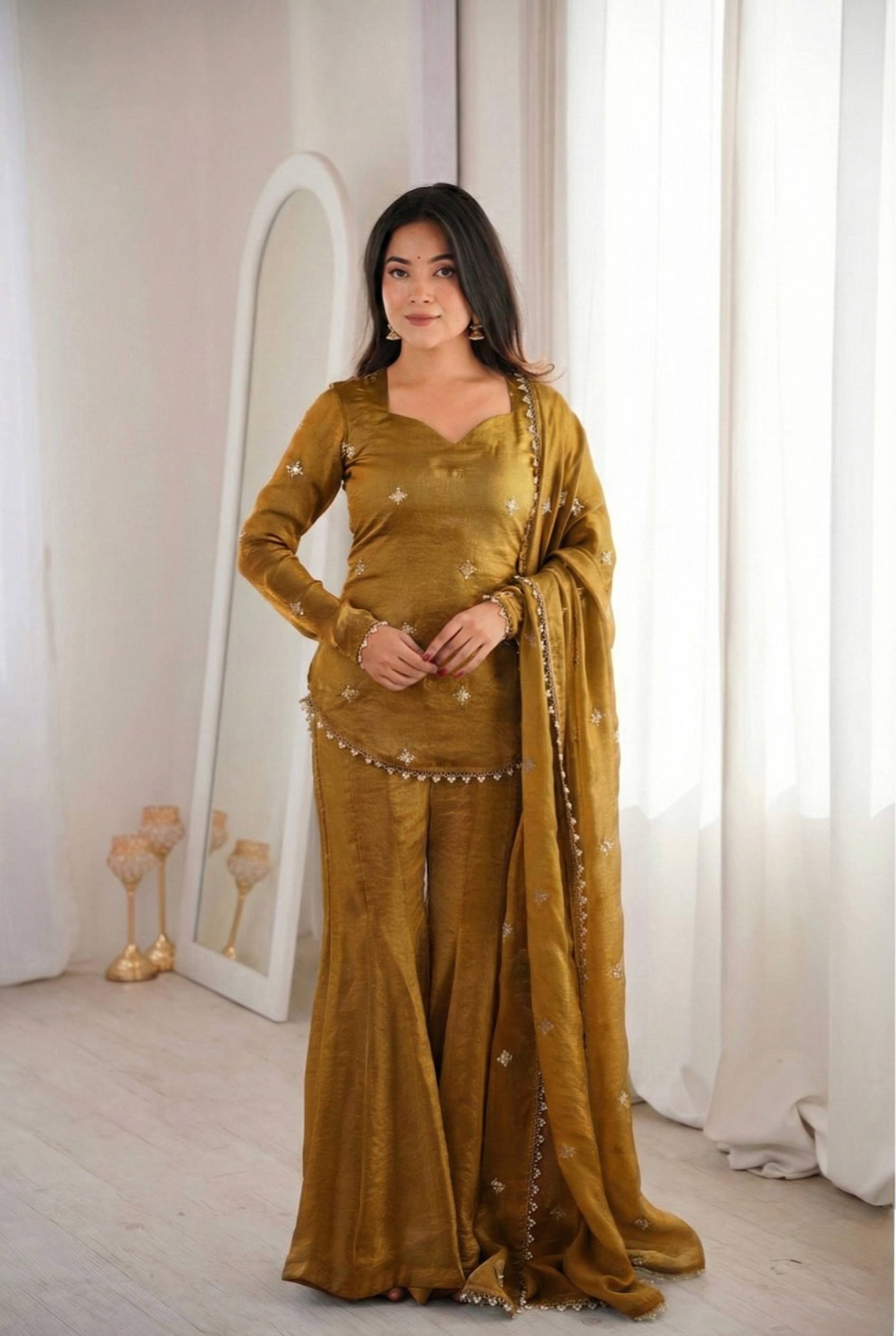 Women's Fendy Silk Embroidered Sharara Palazzo Suit Set with Dupatta  Product Description: