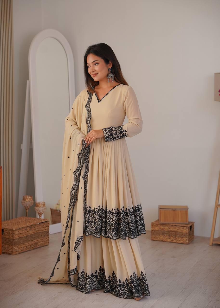 Women's Faux Georgette Embroidered Suit Set with Palazzo and Dupatta