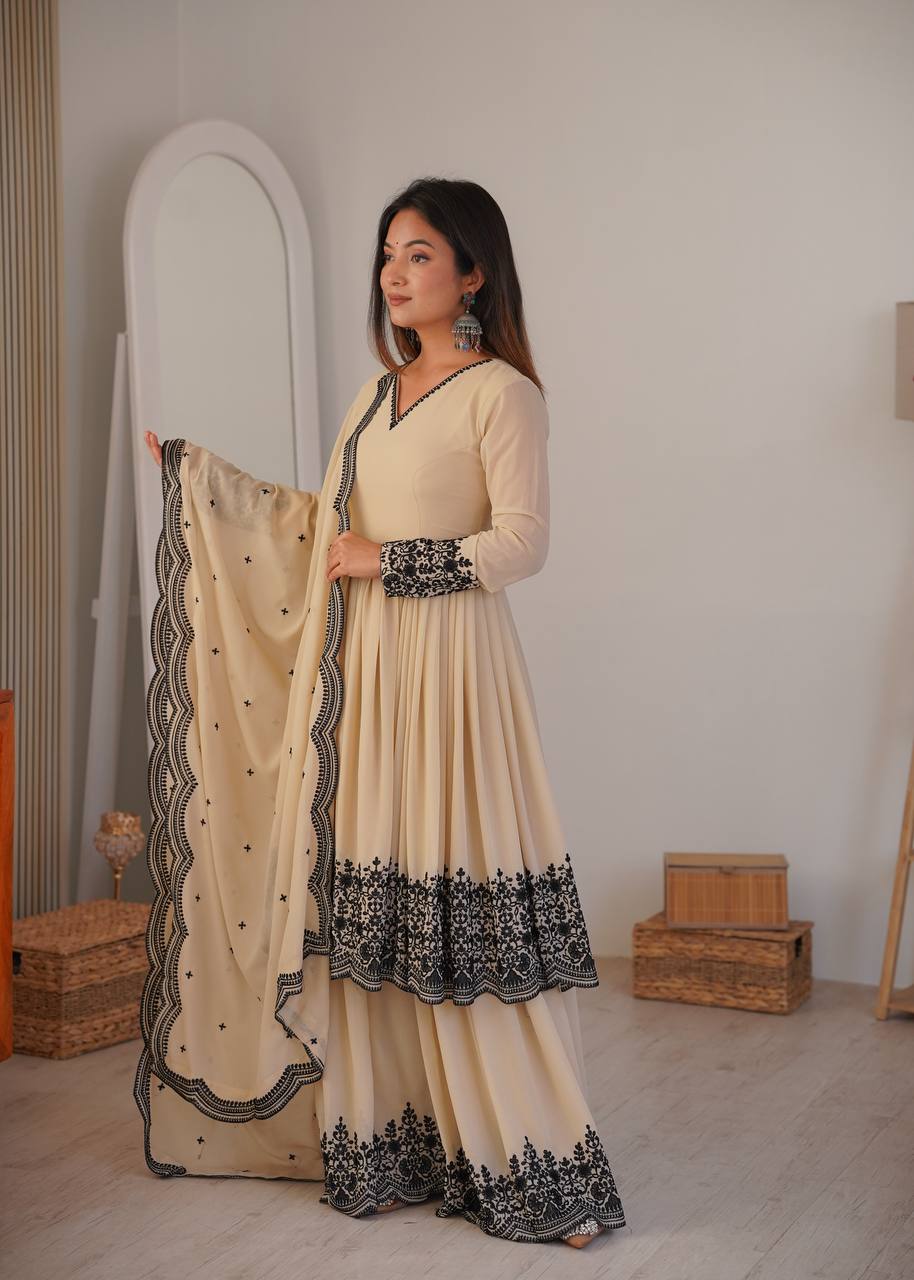 Women's Faux Georgette Embroidered Suit Set with Palazzo and Dupatta