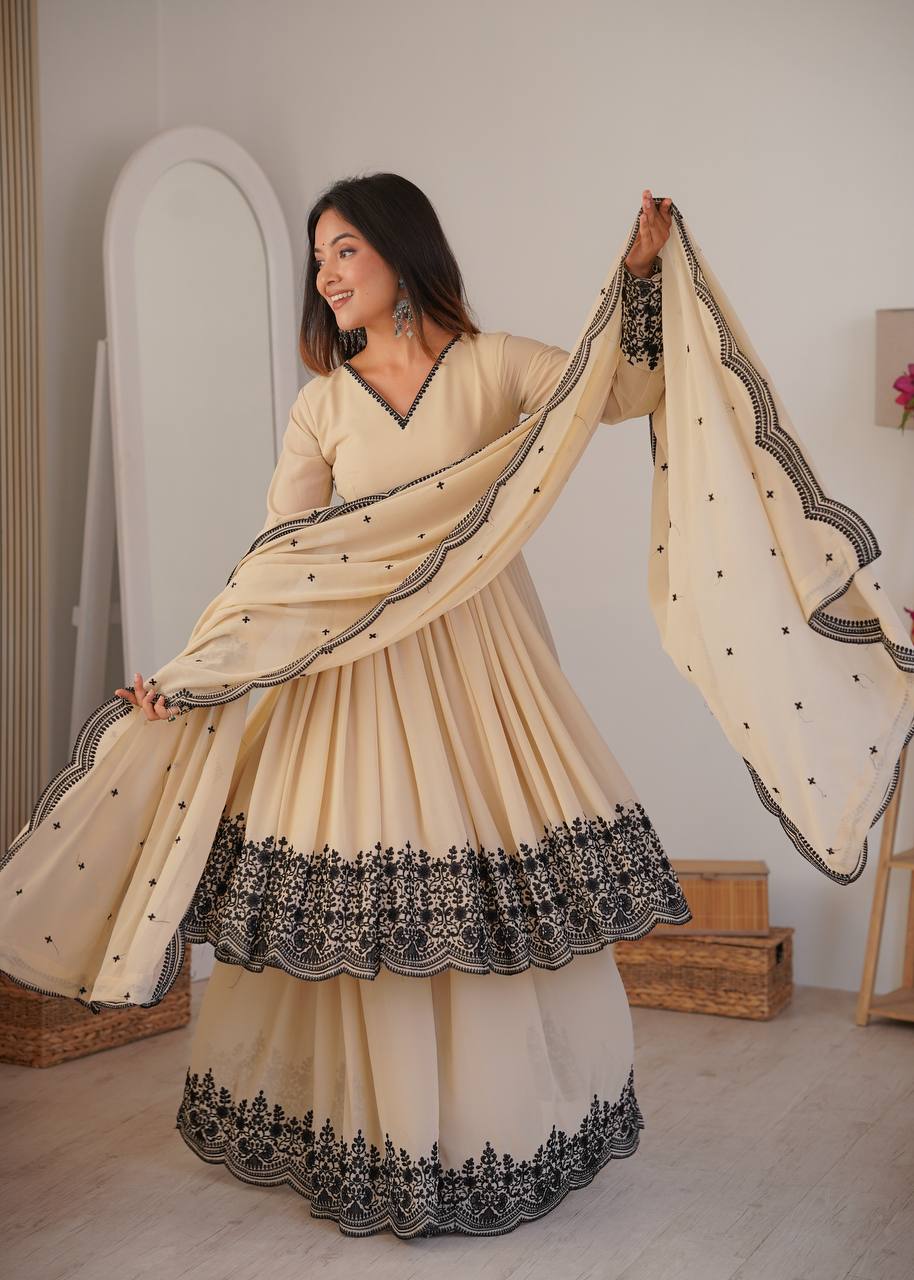 Women's Faux Georgette Embroidered Suit Set with Palazzo and Dupatta