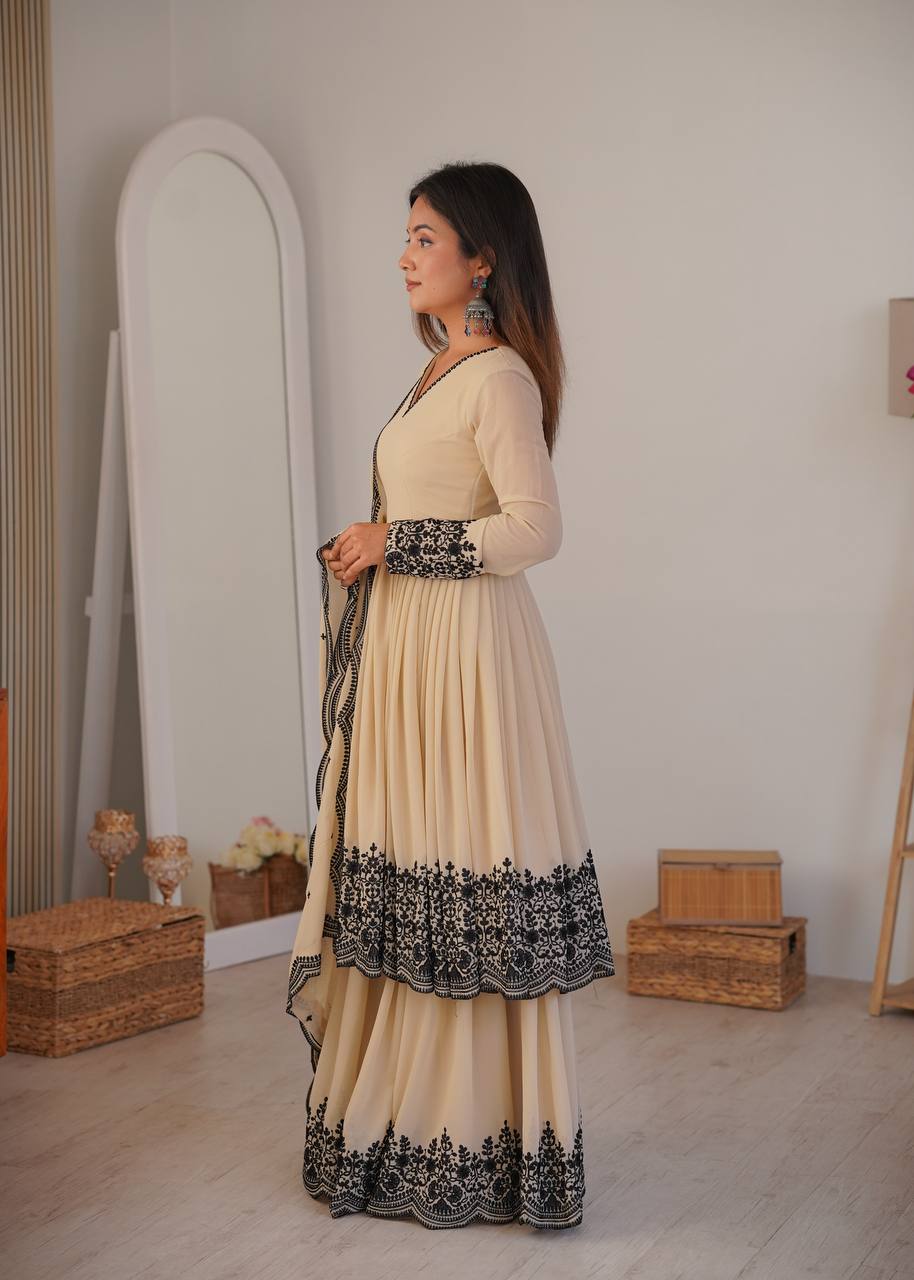 Women's Faux Georgette Embroidered Suit Set with Palazzo and Dupatta
