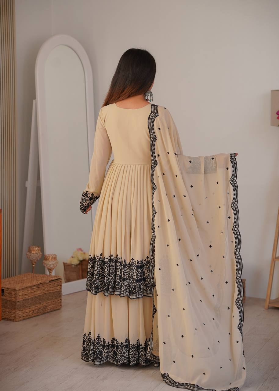 Women's Faux Georgette Embroidered Suit Set with Palazzo and Dupatta
