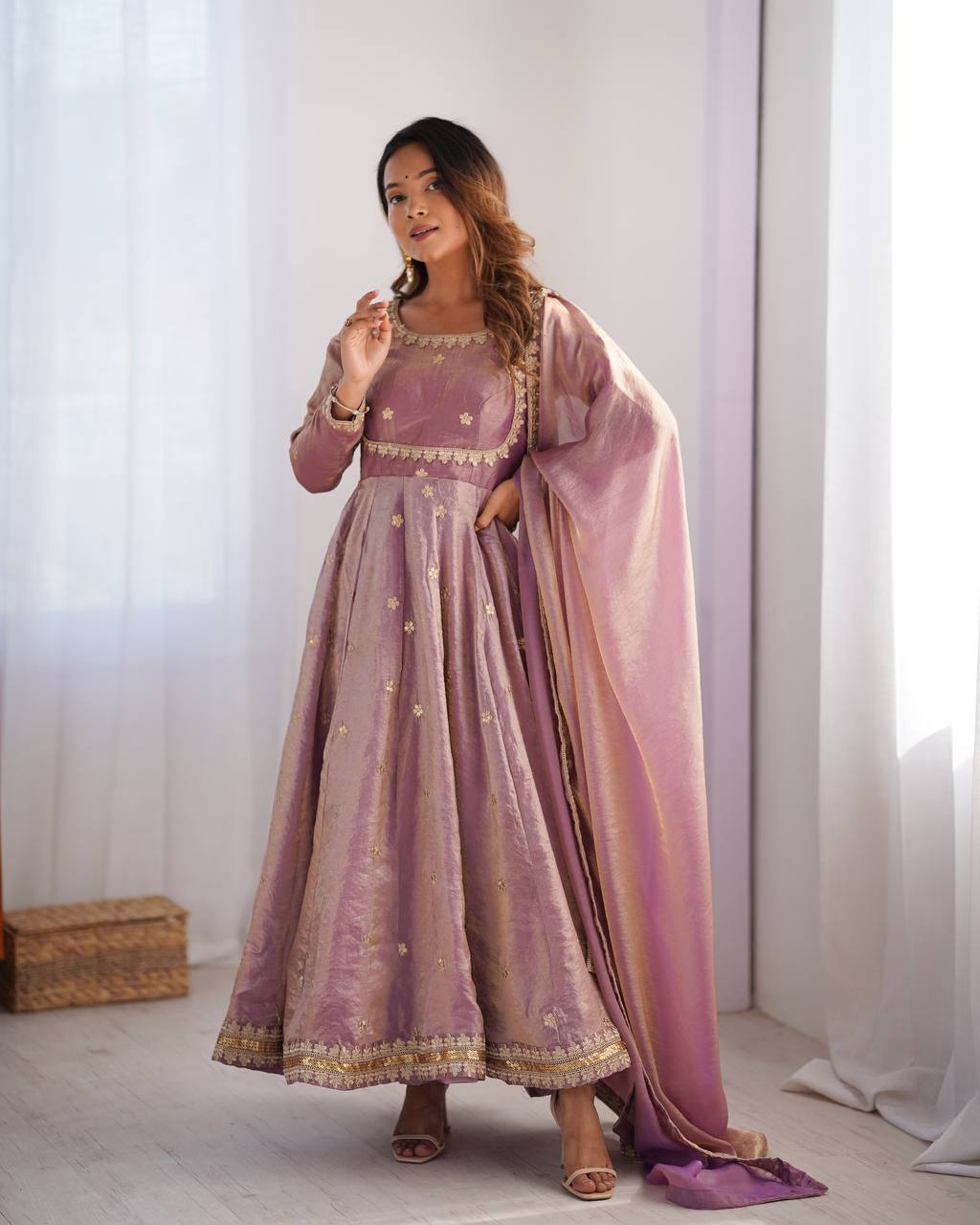 Women's Fandy Silk Embroidered Gown Set with Pant and Dupatta