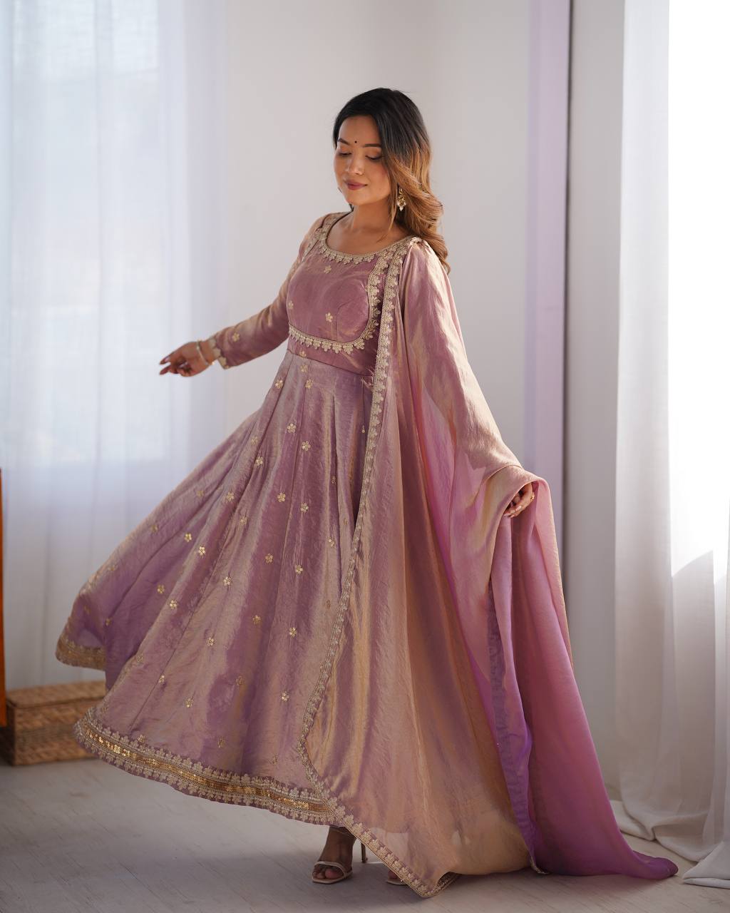 Women's Fandy Silk Embroidered Gown Set with Pant and Dupatta