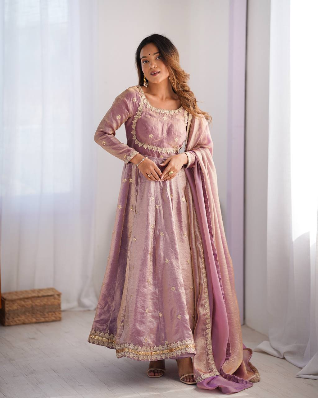 Women's Fandy Silk Embroidered Gown Set with Pant and Dupatta