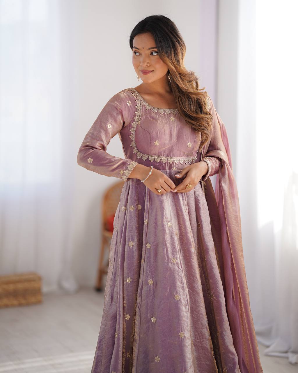 Women's Fandy Silk Embroidered Gown Set with Pant and Dupatta
