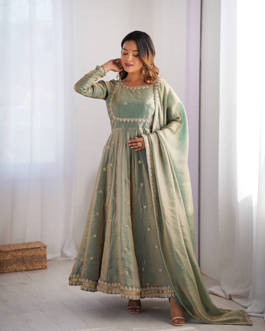 Women's Fandy Silk Embroidered Gown Set with Pant and Dupatta